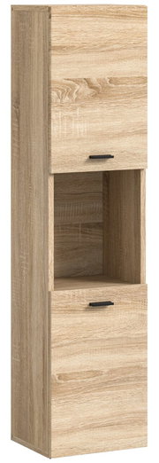 Moderner Badschrank aus Holz in Eichenoptik mit zwei Türen und einem offenen Fach, seitliche Perspektive
