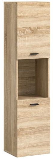 Moderner Badschrank aus Holz in Eichenoptik mit zwei Türen und einem offenen Fach, seitliche Perspektive