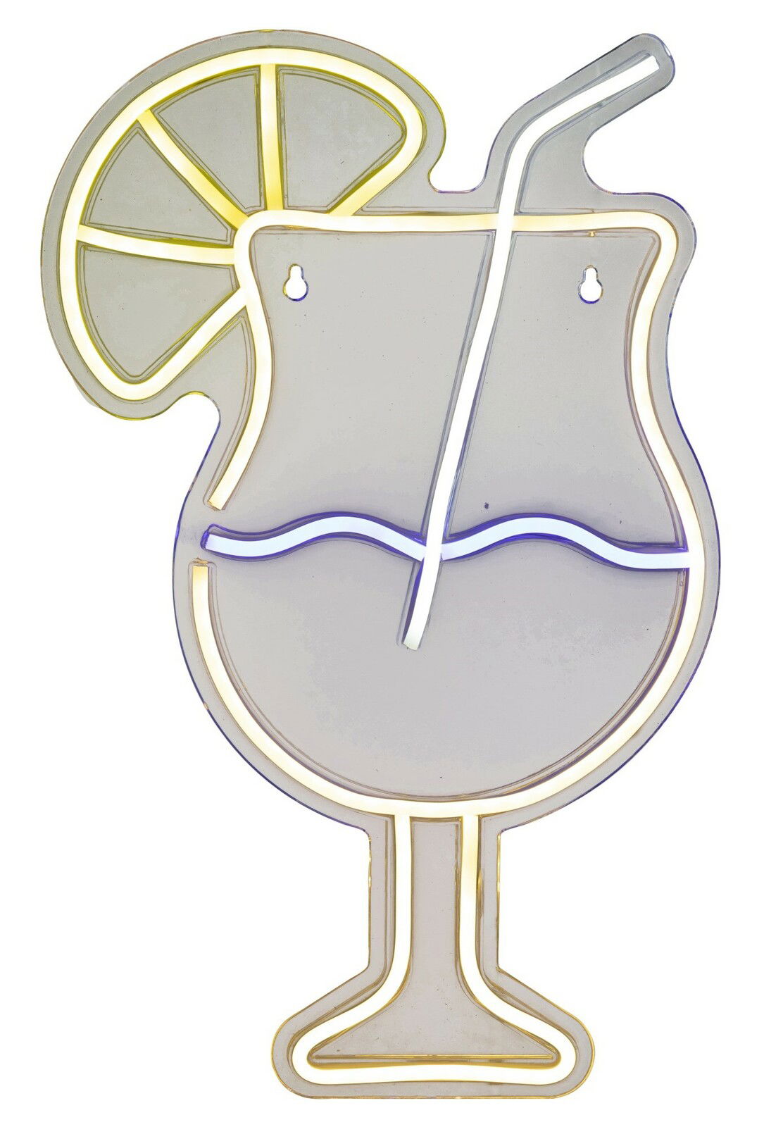 LED Neonlicht in Form eines Cocktailglases mit Strohhalm und Zitronenscheibe, frontal betrachtet.