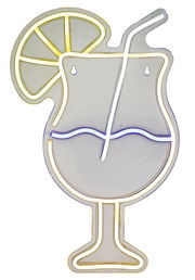 LED Neonlicht in Form eines Cocktailglases mit Strohhalm und Zitronenscheibe, frontal betrachtet.