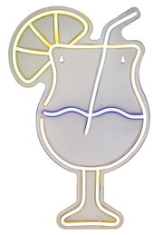 LED Neonlicht in Form eines Cocktailglases mit Strohhalm und Zitronenscheibe, frontal betrachtet.