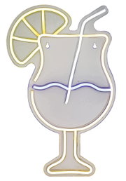 LED-neonlamp in de vorm van een cocktailglas met rietje en schijfje citroen, gezien van voren.