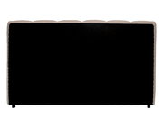 Rückansicht eines Polsterbettgestells mit schwarzem Stoffbezug und abgerundeten Kanten.