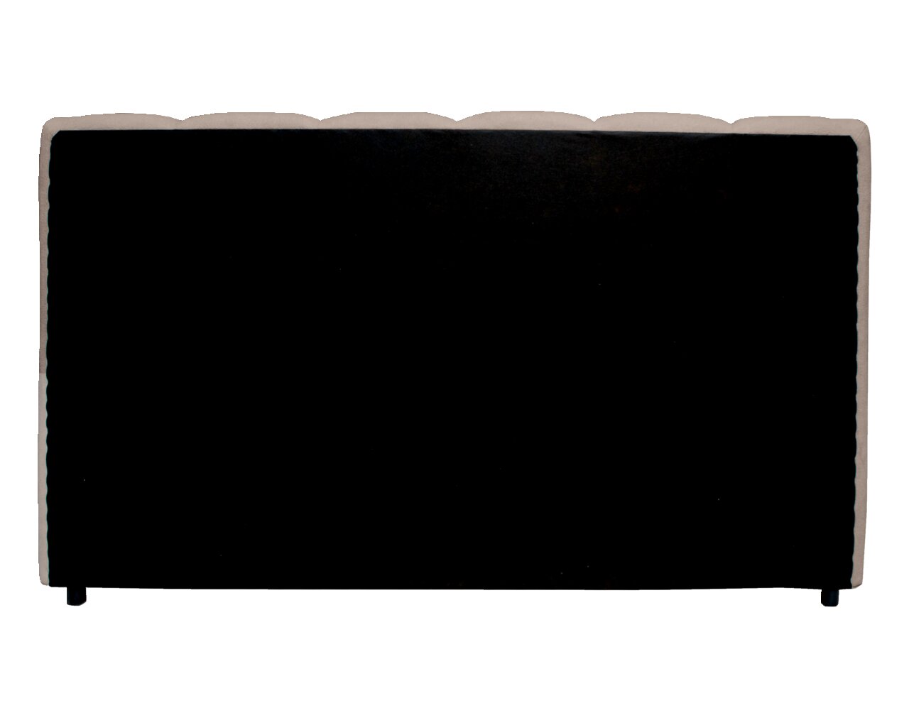 Rückansicht eines Polsterbettgestells mit schwarzem Stoffbezug und abgerundeten Kanten.