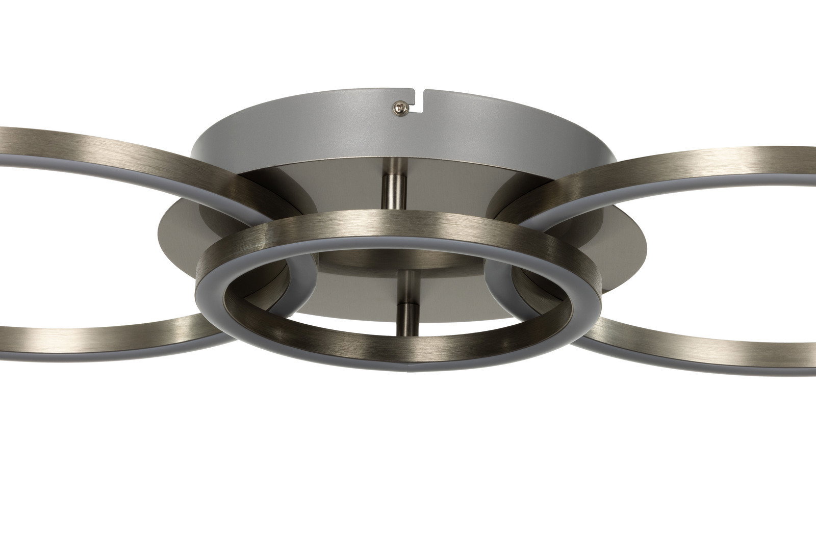 Moderne LED-Deckenleuchte mit kreisförmigem Design aus gebürstetem Metall, seitliche Perspektive
