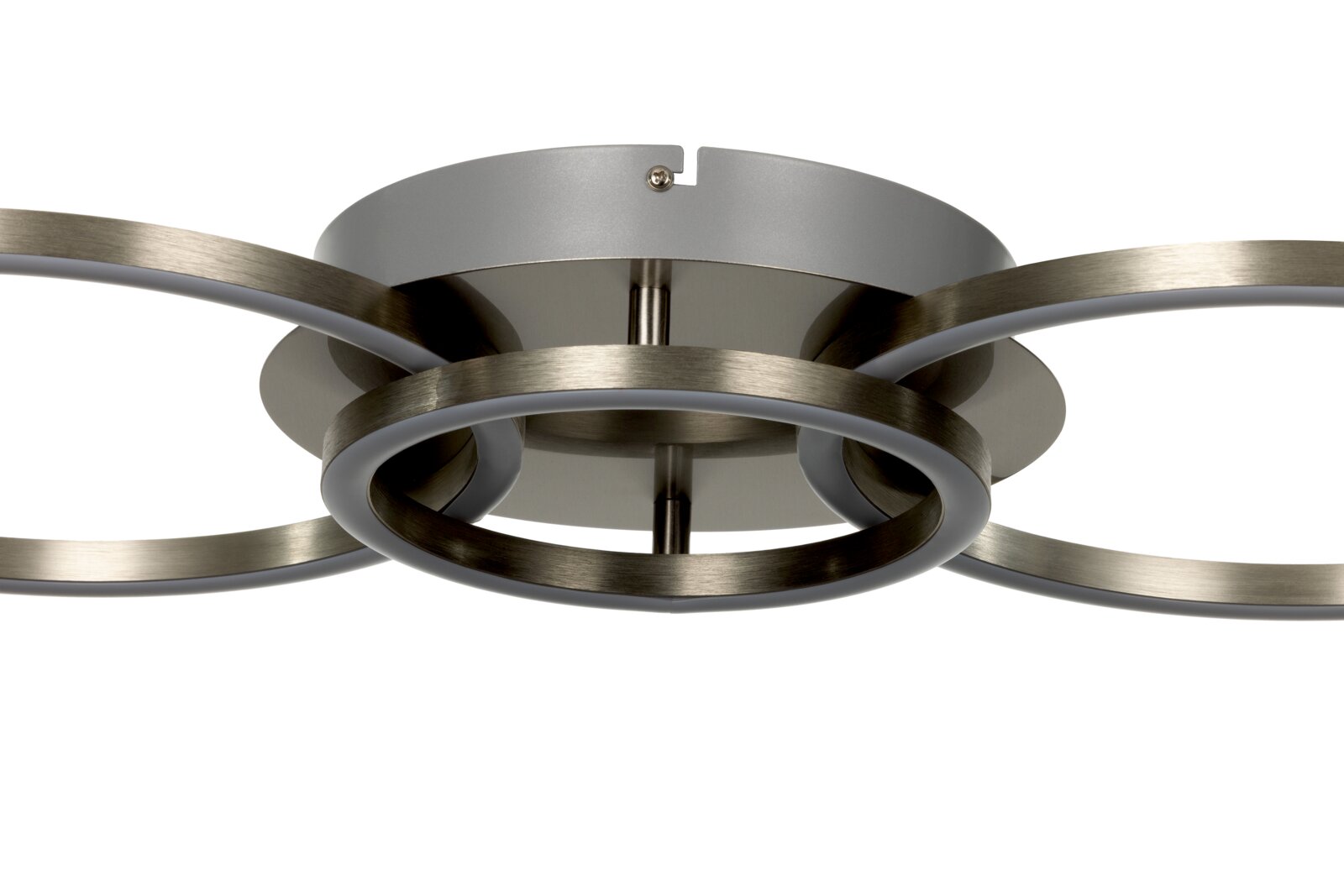 Moderne led-plafondlamp met een cirkelvormig ontwerp van geborsteld metaal, zijaanzicht