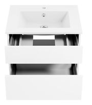 Weiße Badkombination mit zwei offenen Schubladen und integriertem Waschbecken, Ansicht von oben.