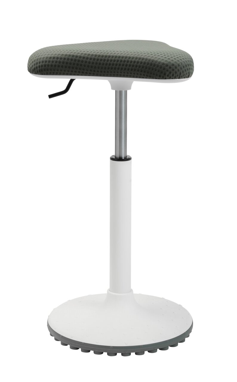 Schwinghocker mit grünem Sitzpolster und weißem Standfuß, seitliche Perspektive