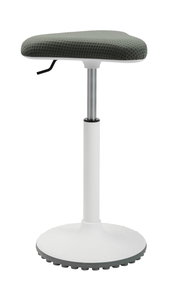 Schwinghocker mit grünem Sitzpolster und weißem Standfuß, seitliche Perspektive