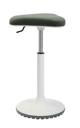 Schwinghocker mit grünem Sitzpolster und weißem Standfuß, seitliche Perspektive