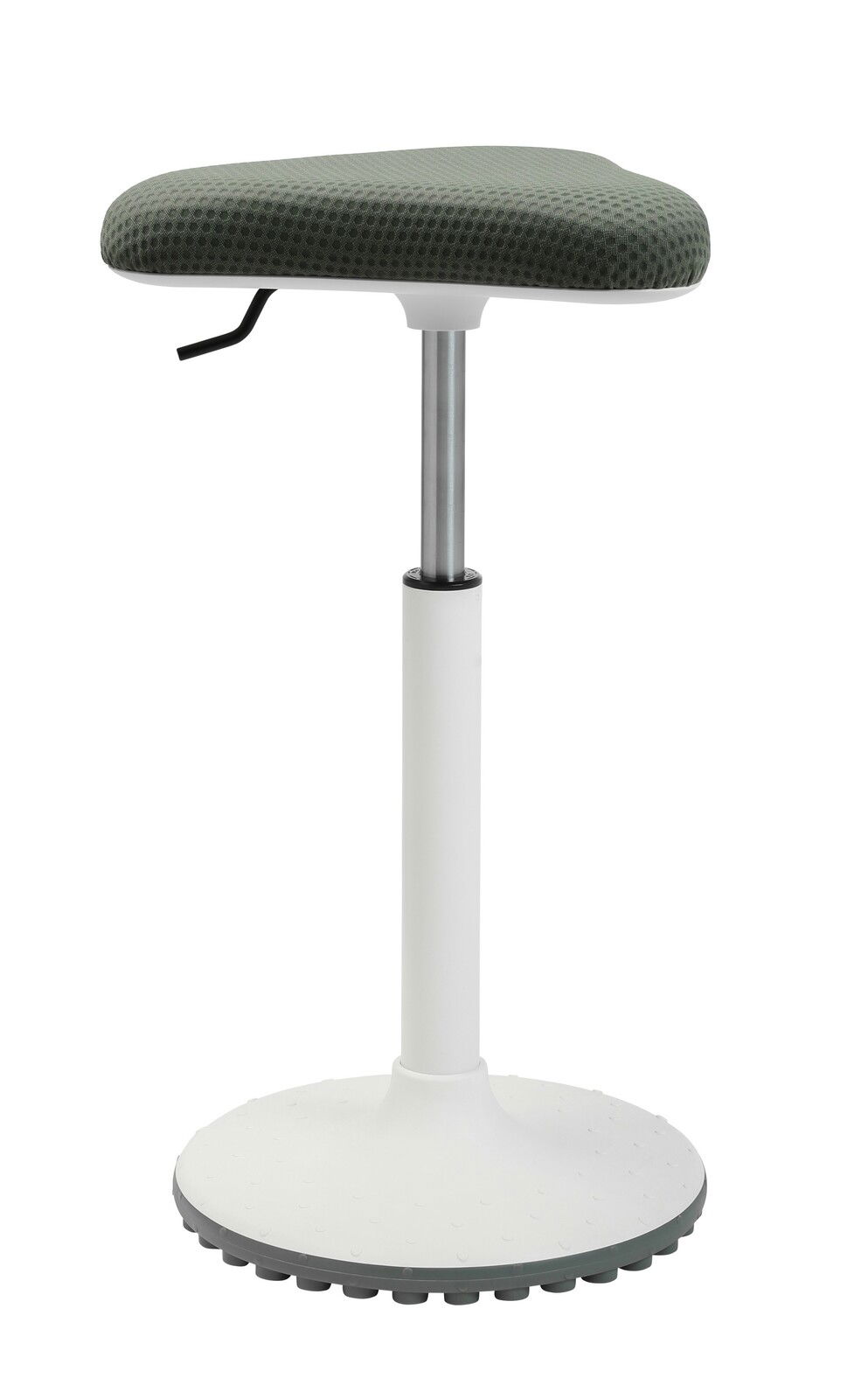 Schwinghocker mit grünem Sitzpolster und weißem Standfuß, seitliche Perspektive