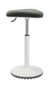 Schwinghocker mit grünem Sitzpolster und weißem Standfuß, seitliche Perspektive