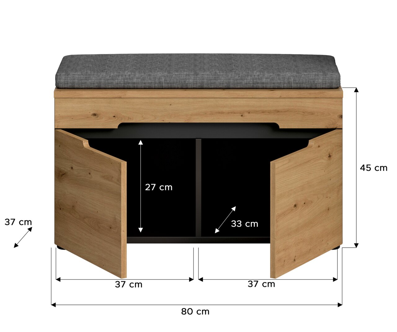 Frontansicht einer Sitzbank/Schuhbank aus Holzoptik mit grauem Sitzkissen, beidseitig geöffneten Türen und Stauraum innen; Maße ca. 80 x 45 x 37 cm