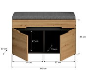 Frontansicht einer Sitzbank/Schuhbank aus Holzoptik mit grauem Sitzkissen, beidseitig geöffneten Türen und Stauraum innen; Maße ca. 80 x 45 x 37 cm