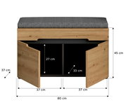 Frontansicht einer Sitzbank/Schuhbank aus Holzoptik mit grauem Sitzkissen, beidseitig geöffneten Türen und Stauraum innen; Maße ca. 80 x 45 x 37 cm