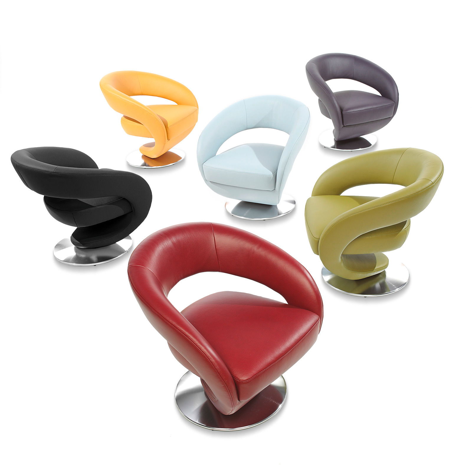 Sechs farbenfrohe Drehsessel in verschiedenen Farben, darunter Rot, Schwarz, Gelb, Hellblau, Lila und Grün, auf einer weißen Fläche von oben betrachtet.