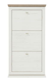 Frontansicht eines weißen Schuhkippers mit drei Klappen und Holzoberfläche.