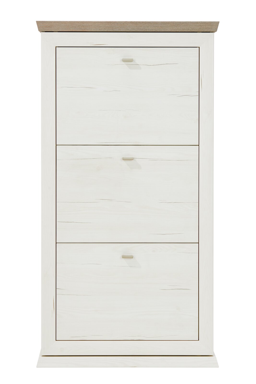 Frontansicht eines weißen Schuhkippers mit drei Klappen und Holzoberfläche.