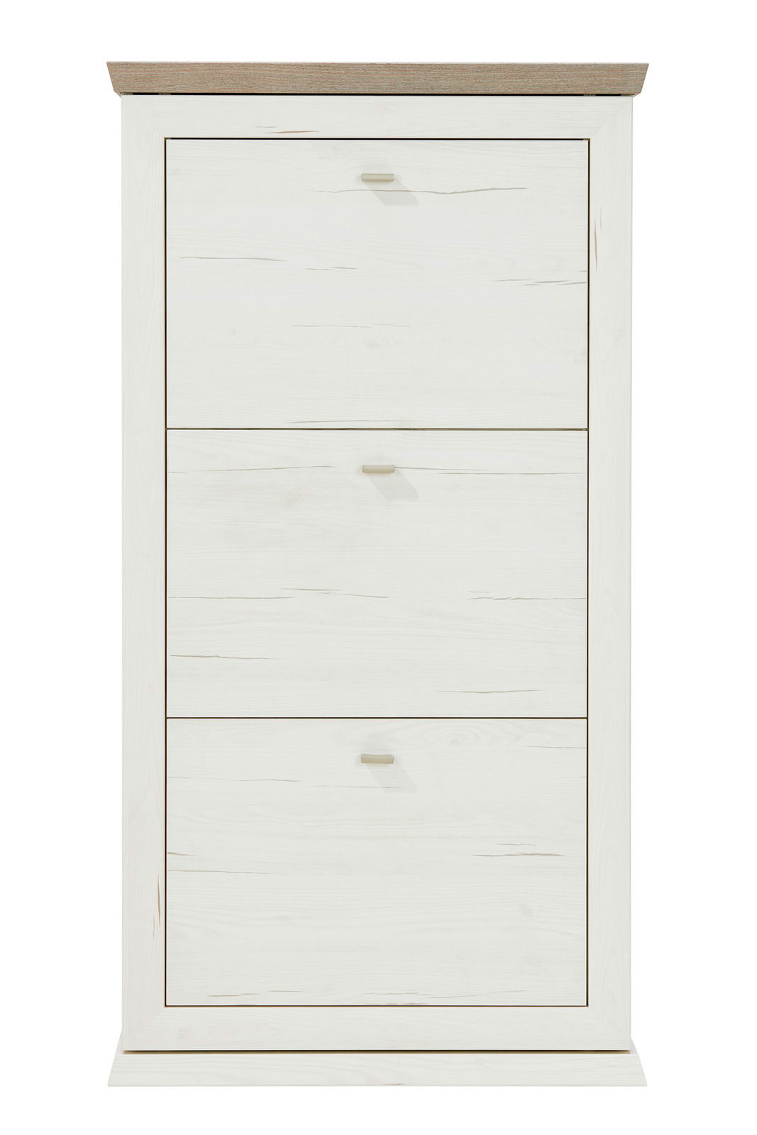 Frontansicht eines weißen Schuhkippers mit drei Klappen und Holzoberfläche.