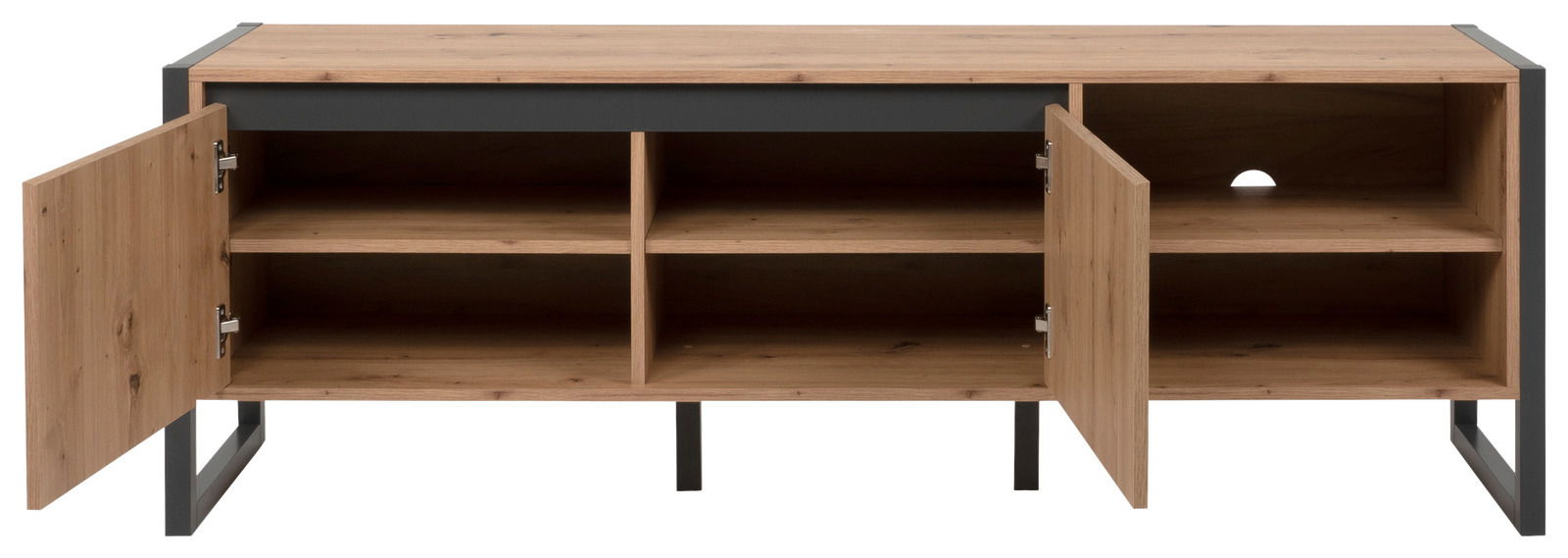 TV-Lowboard aus Holz mit offenen Türen und Regalfächern, Frontansicht