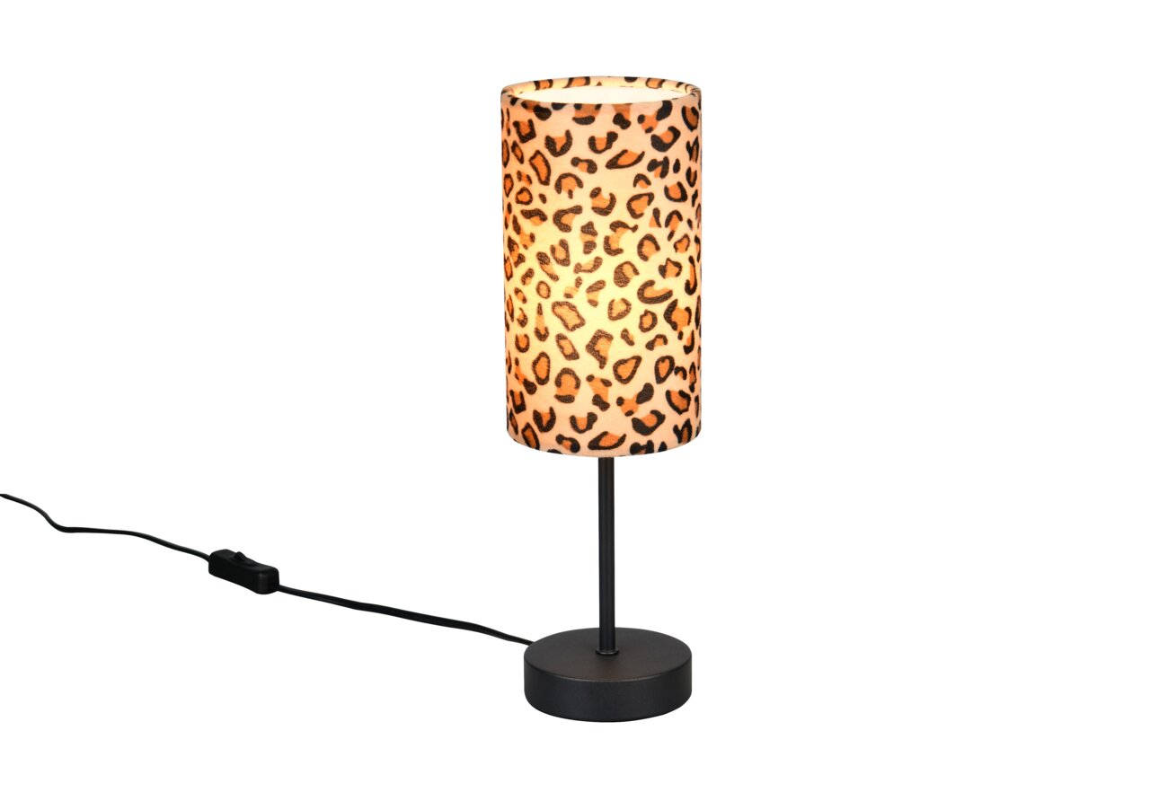 Tischleuchte mit zylindrischem Lampenschirm im Leopardenmuster, seitliche Perspektive