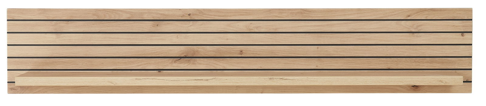 Frontale Ansicht eines Wandboards aus Holz mit horizontalen schwarzen Linien und einer Ablagefläche.