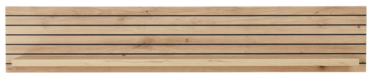 Frontale Ansicht eines Wandboards aus Holz mit horizontalen schwarzen Linien und einer Ablagefläche.