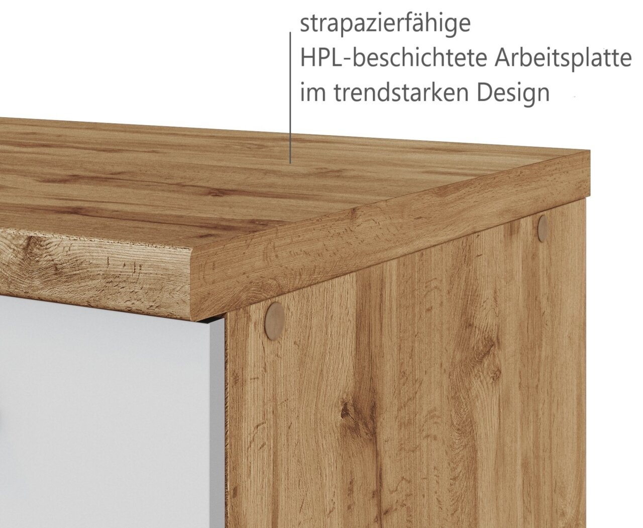 Detailansicht einer strapazierfähigen, HPL-beschichteten Arbeitsplatte in Holzoptik mit trendstarkem Design.