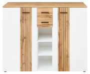 Frontansicht eines XL-Schuhschranks mit weißem Korpus und Holzelementen, zwei Türen, zwei Schubladen und offenen Regalfächern.