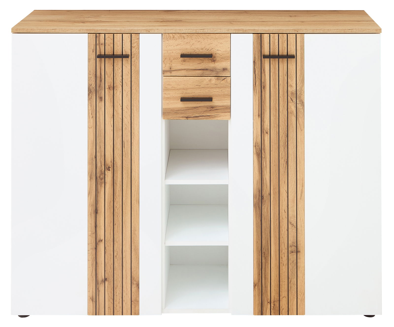 Frontansicht eines XL-Schuhschranks mit weißem Korpus und Holzelementen, zwei Türen, zwei Schubladen und offenen Regalfächern.