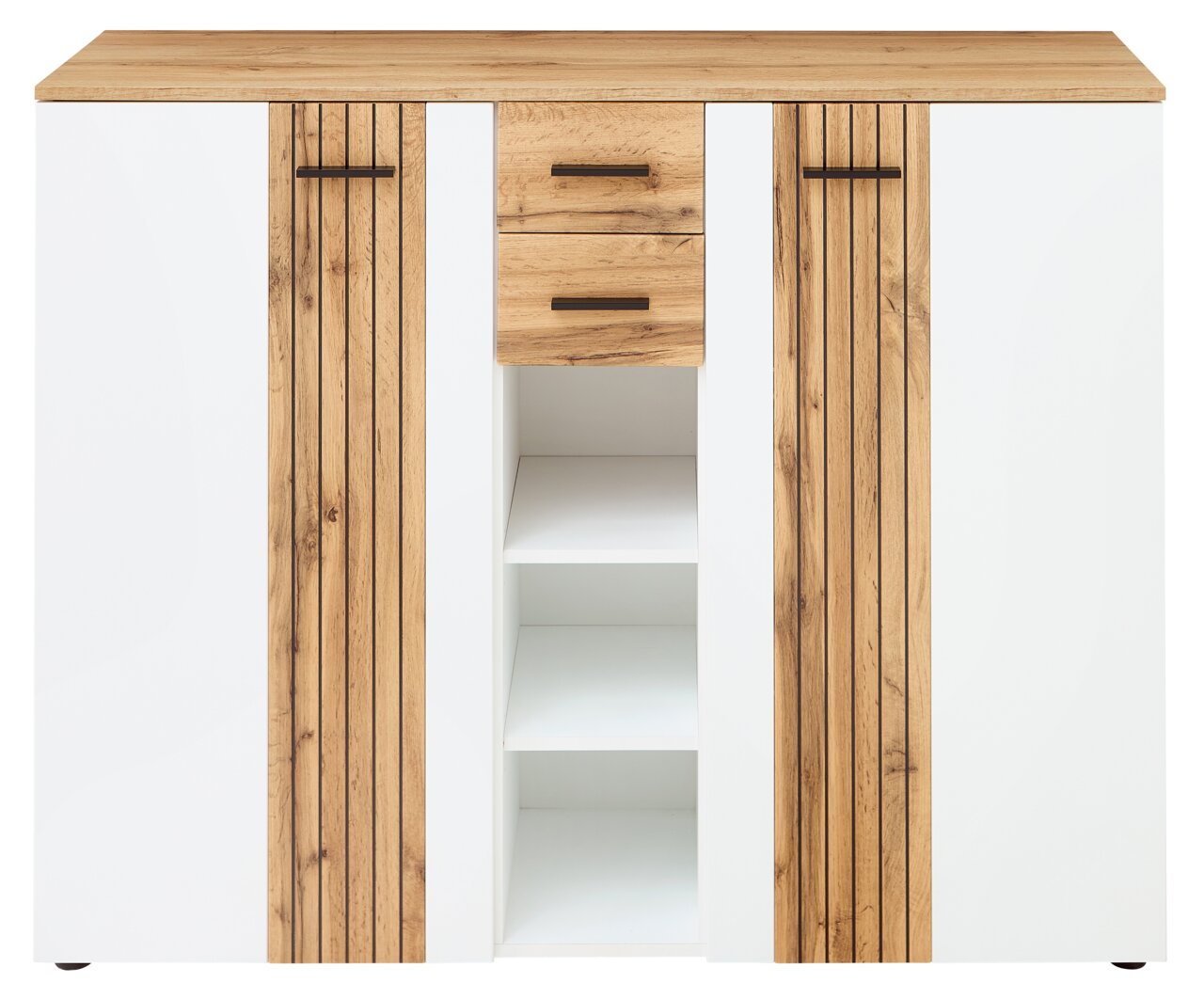 Frontansicht eines XL-Schuhschranks mit weißem Korpus und Holzelementen, zwei Türen, zwei Schubladen und offenen Regalfächern.