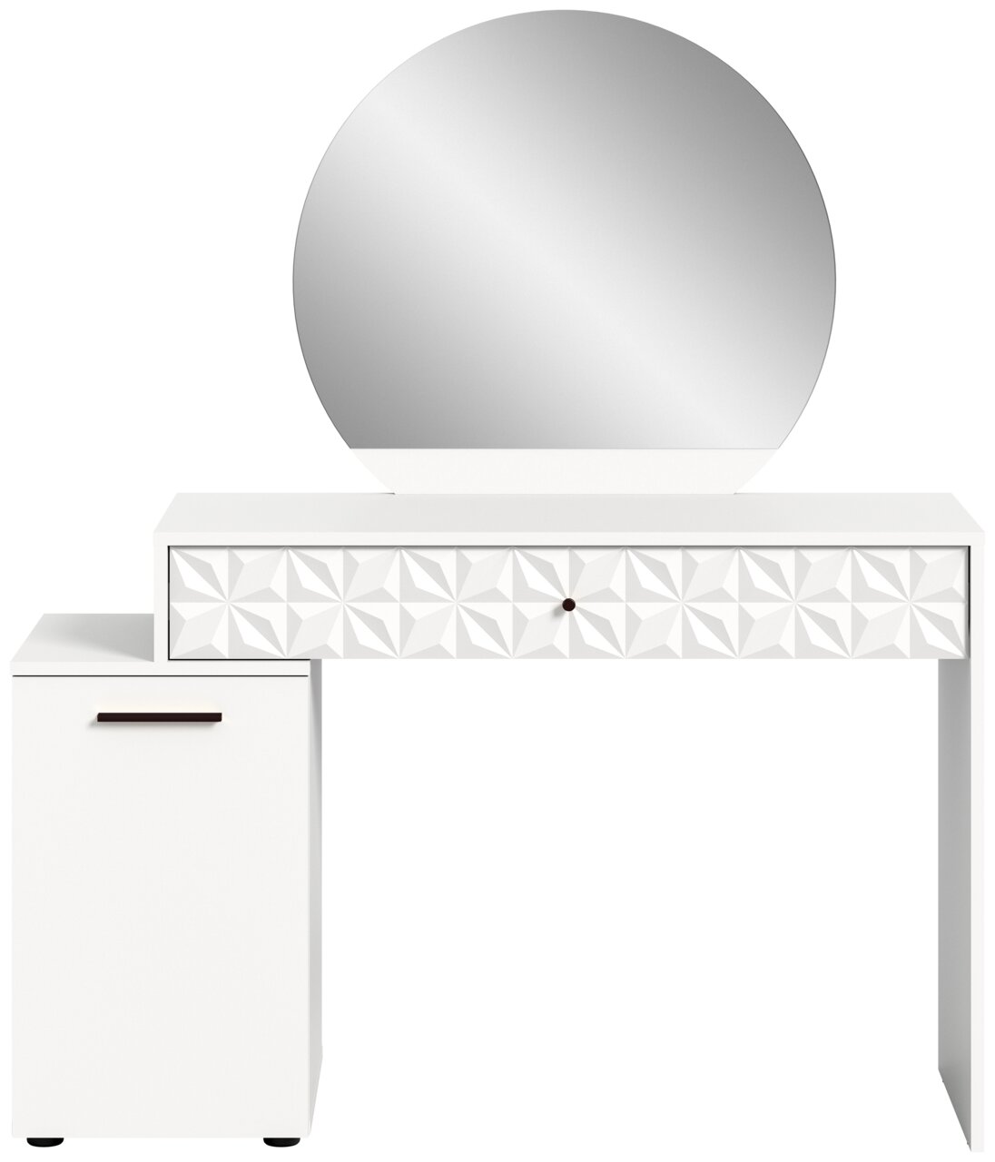 Weißer Schminktisch mit rundem Spiegel und geometrischem Muster auf der Schublade, Frontalansicht