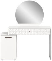 Weißer Schminktisch mit rundem Spiegel und geometrischem Muster auf der Schublade, Frontalansicht