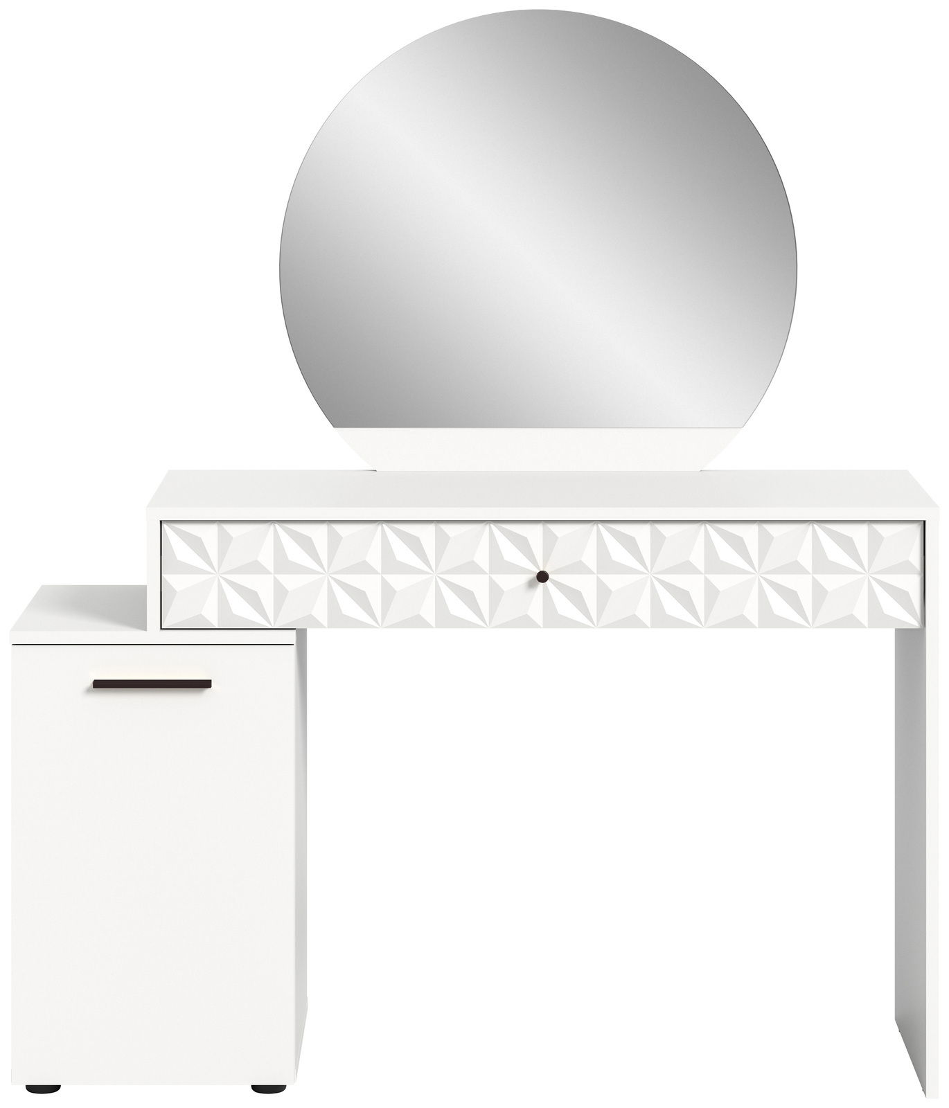 Weißer Schminktisch mit rundem Spiegel und geometrischem Muster auf der Schublade, Frontalansicht