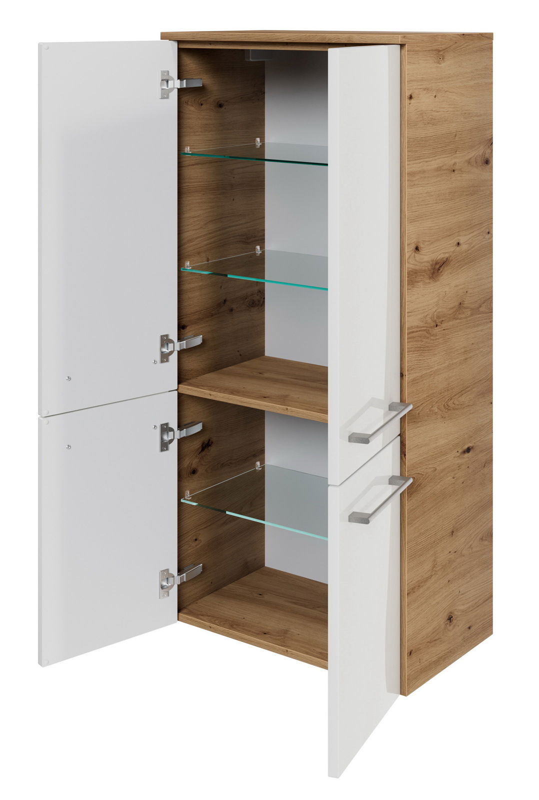 Moderner Midischrank mit Holzoptik und weißen Türen, geöffnet, mit Glasböden, seitliche Perspektive