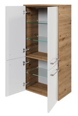 Moderner Midischrank mit Holzoptik und weißen Türen, geöffnet, mit Glasböden, seitliche Perspektive