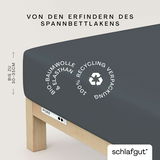 Spannbettlaken XL 556 in Dunkelgrau, aus Bio-Baumwolle und Elasthan, auf einem Bettgestell. Perspektive von der Seite.