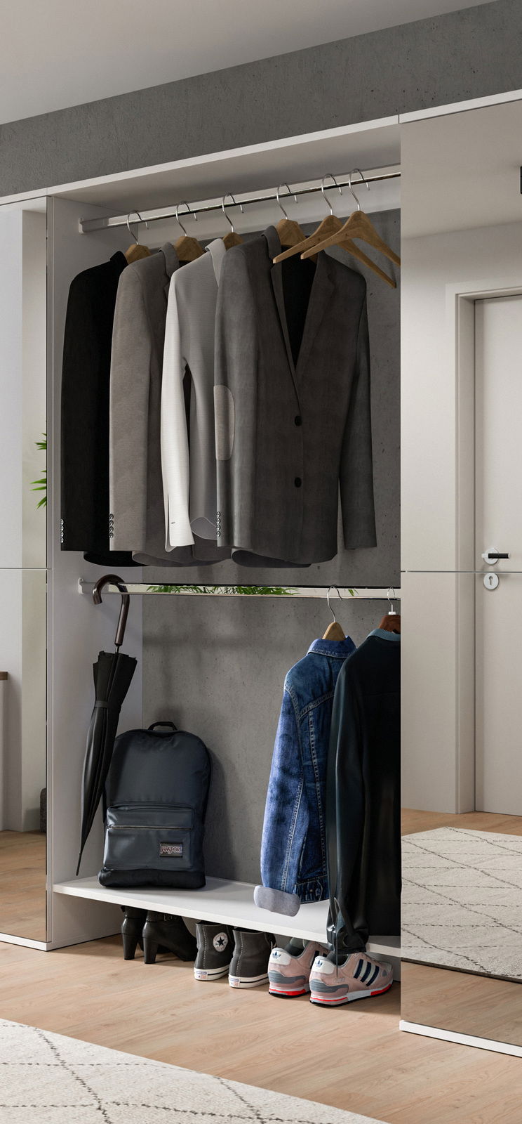 Garderobe mit hängenden Jacken und Mänteln, darunter ein Regal mit Schuhen und einem Rucksack, seitliche Perspektive