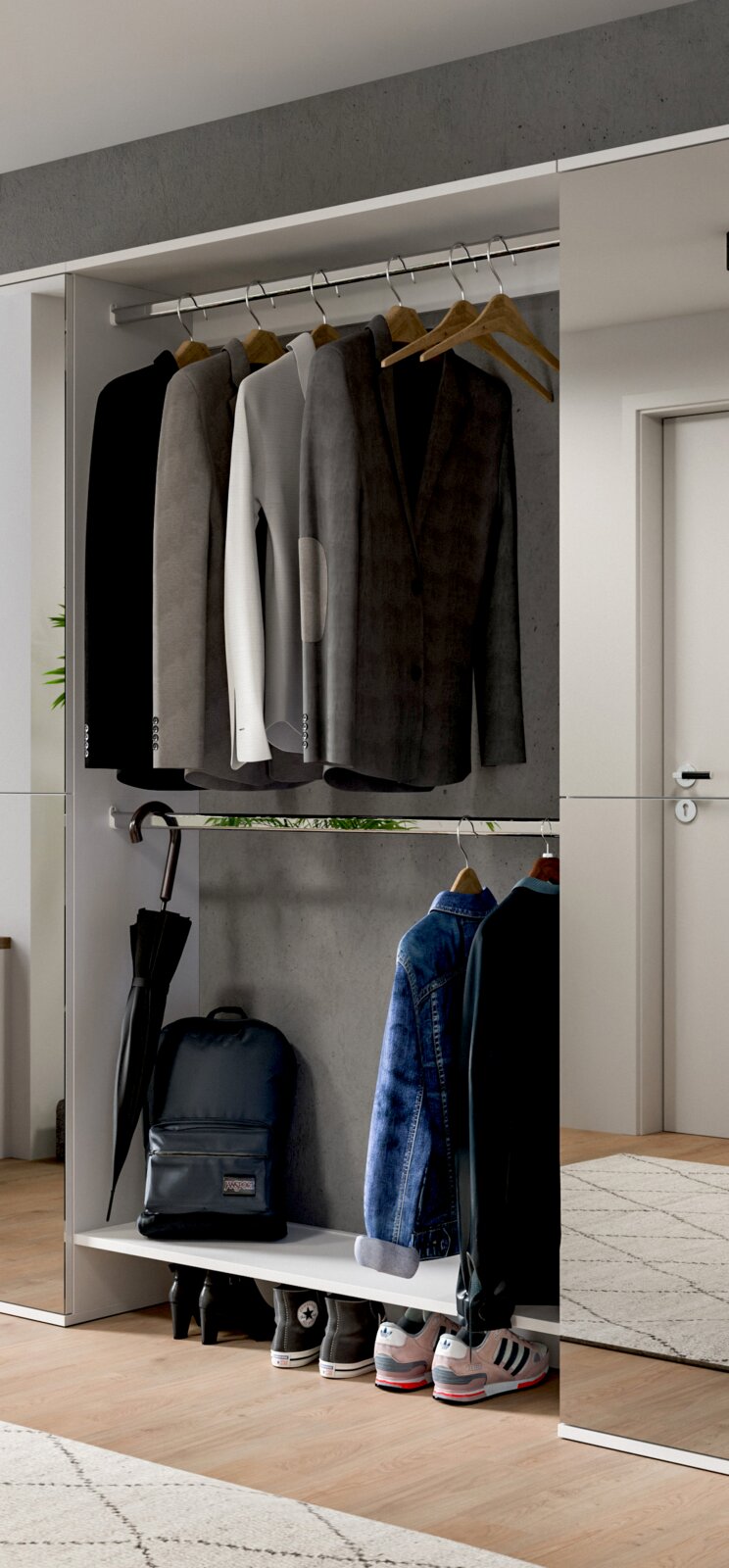 Garderobe mit hängenden Jacken und Mänteln, darunter ein Regal mit Schuhen und einem Rucksack, seitliche Perspektive
