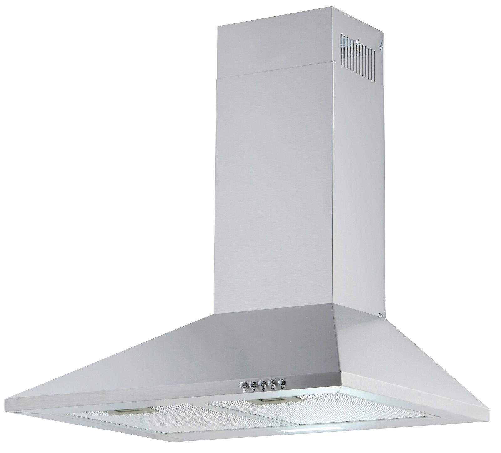 Silberne Dunstabzugshaube in Edelstahloptik, seitliche Perspektive