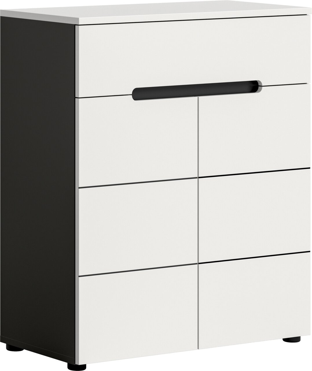 MID.YOU Schoenenkast CANU Modernes weiß-schwarzes Sideboard/Unterschrank mit zwei Türen und langem schwarzen Griff, freigestellt auf weißem Hintergrund, Ansicht schräg von vorne links