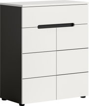 Modernes weiß-schwarzes Sideboard/Unterschrank mit zwei Türen und langem schwarzen Griff, freigestellt auf weißem Hintergrund, Ansicht schräg von vorne links