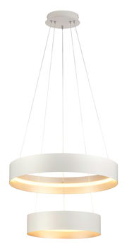 Moderne Pendelleuchte LOOP mit zwei übereinanderliegenden, leuchtenden Ringen, seitliche Perspektive