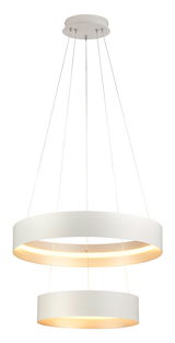 Moderne Pendelleuchte LOOP mit zwei übereinanderliegenden, leuchtenden Ringen, seitliche Perspektive