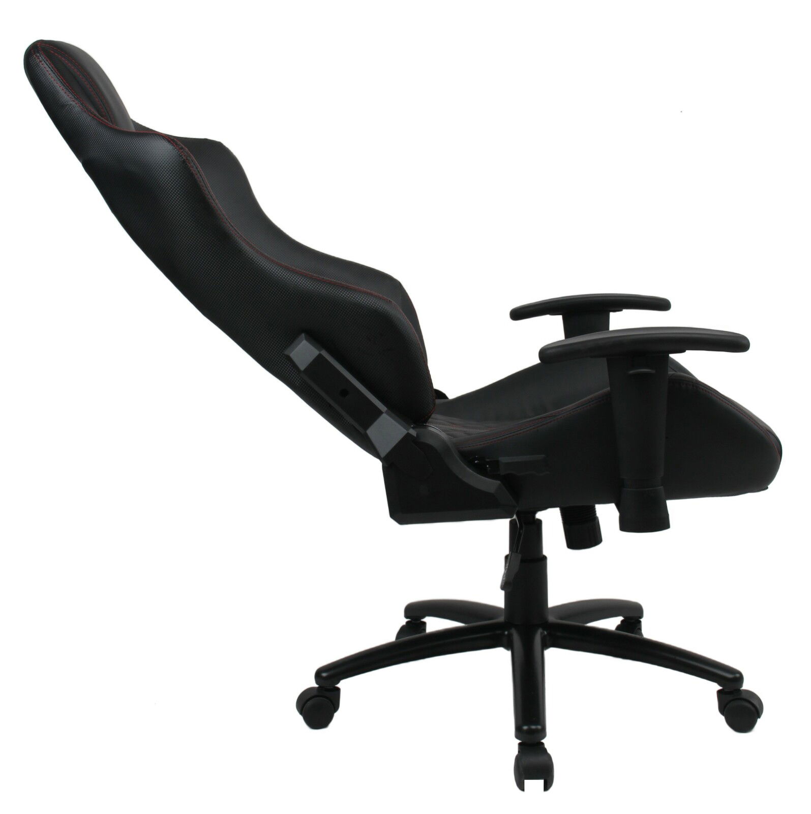 Seitliche Ansicht eines schwarzen Gaming-Stuhls mit verstellbaren Armlehnen und ergonomischem Design.