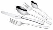 Set aus Edelstahlbesteck, bestehend aus Messer, Gabel, Löffel und Teelöffel, in seitlicher Perspektive.