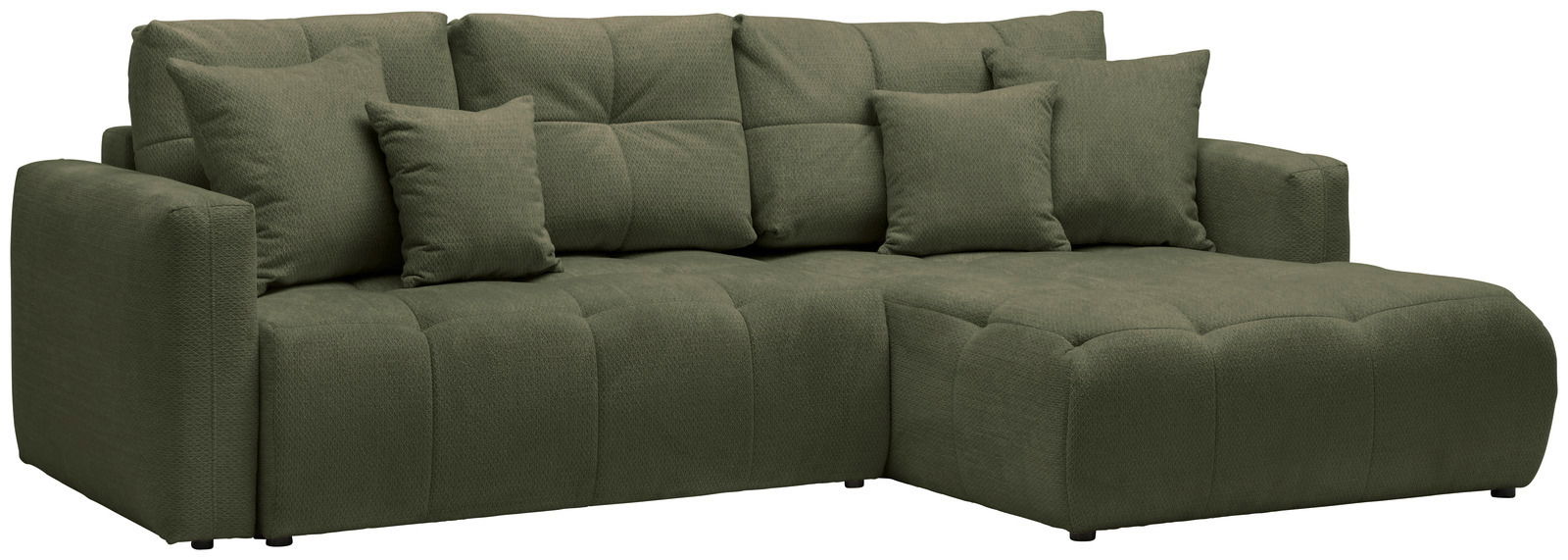 Grünes Ecksofa mit mehreren Kissen, Ansicht von vorne links