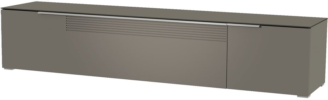 Frontansicht eines modernen, grauen XL TV-Lowboards mit glatter Oberfläche und horizontalen Linienakzenten.