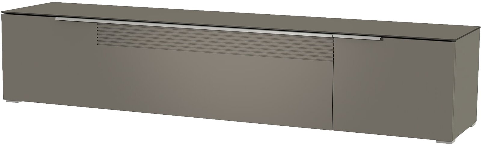 Frontansicht eines modernen, grauen XL TV-Lowboards mit glatter Oberfläche und horizontalen Linienakzenten.