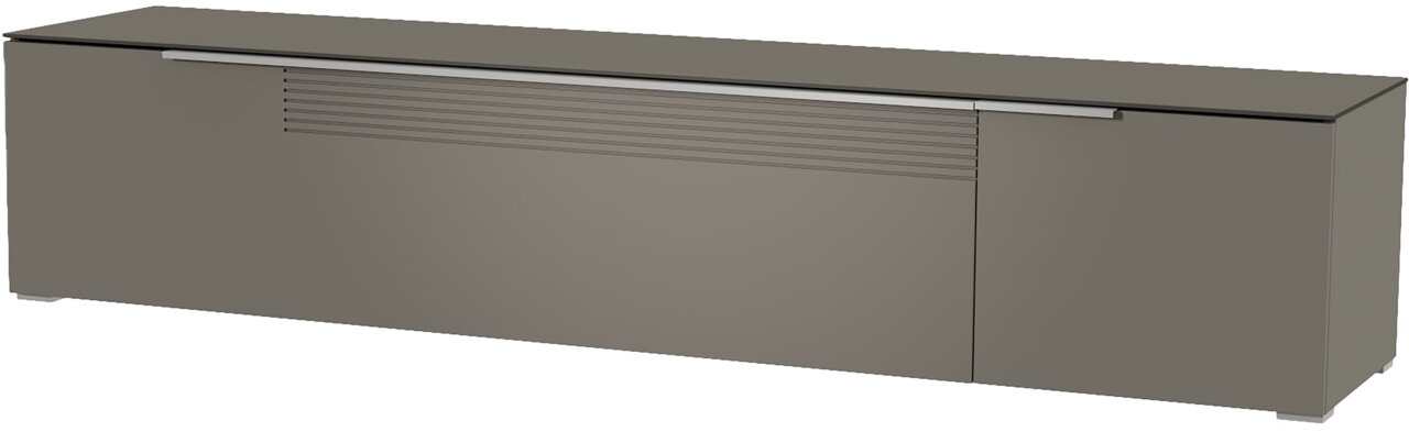 Frontansicht eines modernen, grauen XL TV-Lowboards mit glatter Oberfläche und horizontalen Linienakzenten.